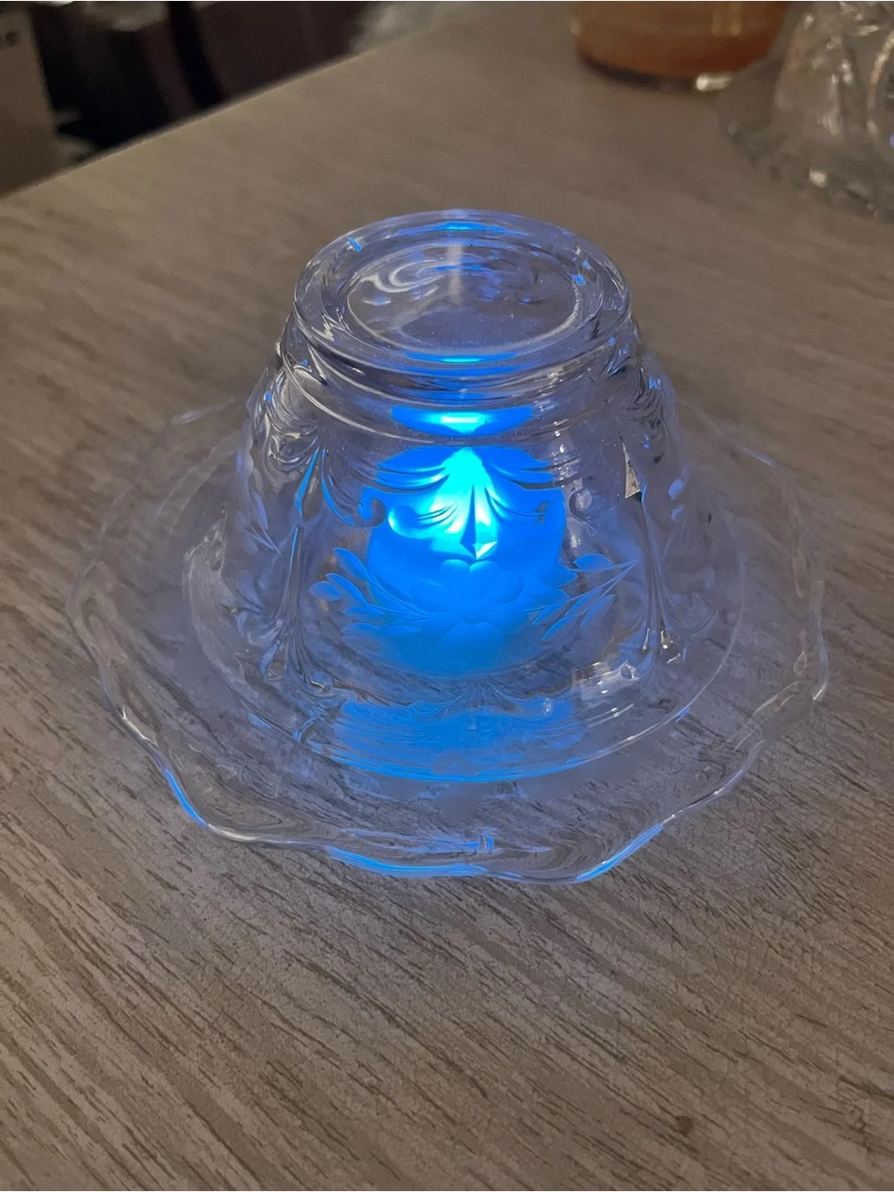 Vintage Etched Glass Condiment Bowl & Underplate Styled as Fairy Lamp